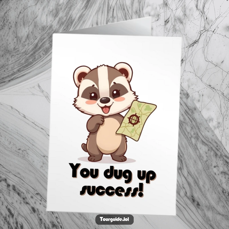 Funny Free Printable Congratulations Card featuring a happy badger cub pointing enthusiastically at a map.