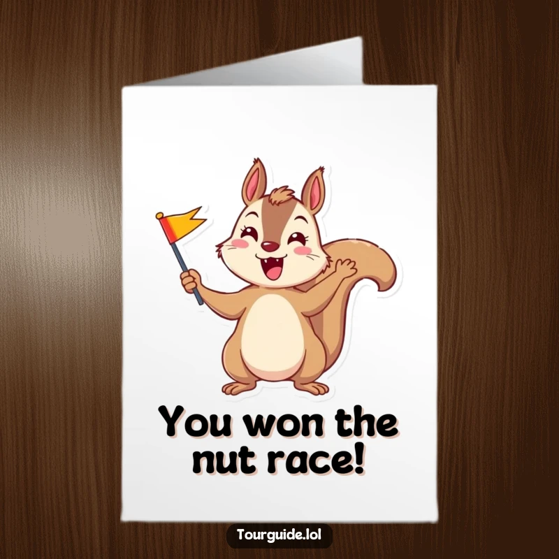 Funny Free Printable Congratulations Card showing a happy squirrel waving a colorful flag in celebration.