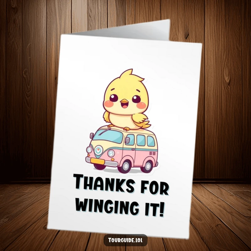 Funny Free Printable Thank You Card: A sweet bird cub sits on its miniature bus, conveying thanks with a cheerful expression.