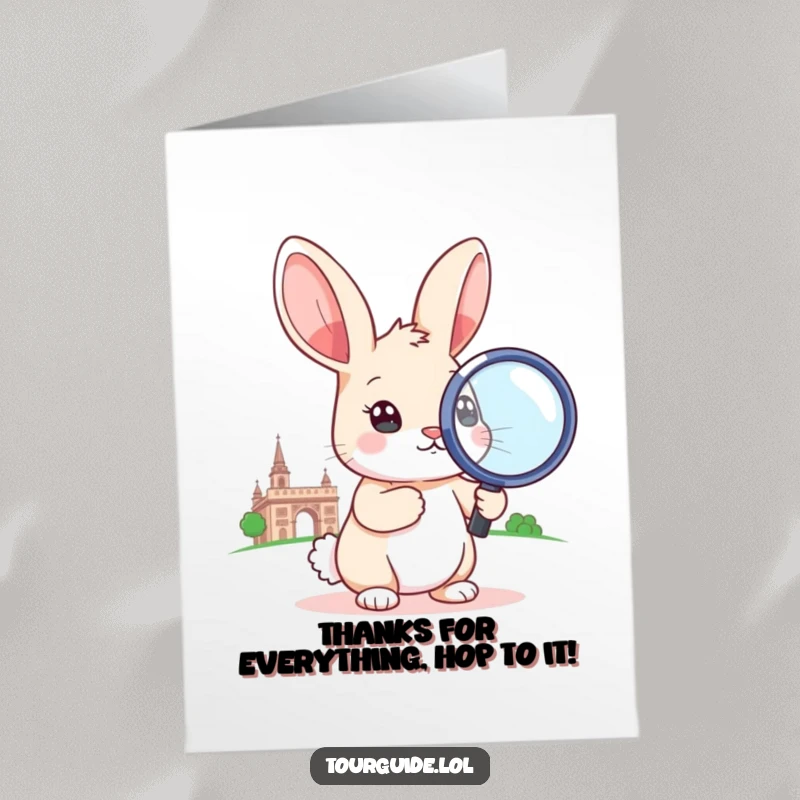 Funny Free Printable Thank You Card of a rabbit using a magnifying glass to appreciate a landmark.