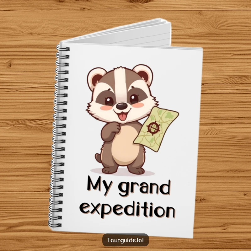 A funny badger cub with a look of glee pointing at a map on the cover of a notebook.