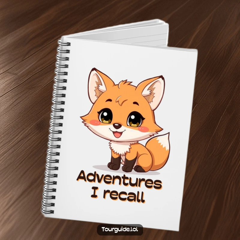 A funny fox cub with a wide smile, narrating a scene on the cover of a notebook.