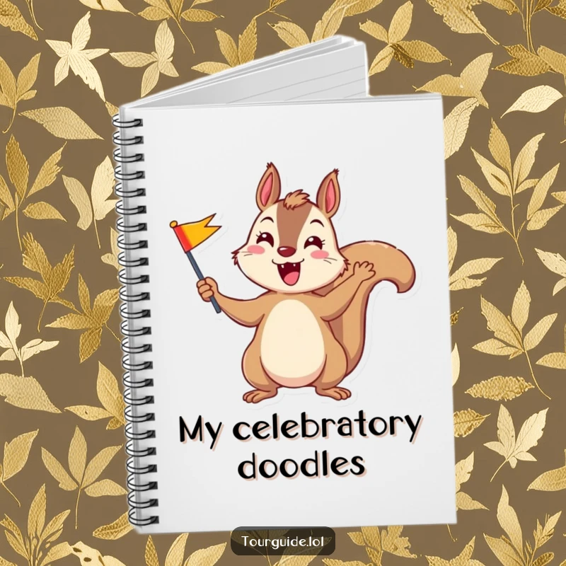 A funny squirrel enthusiastically waving a small, colorful flag on the cover of a notebook.