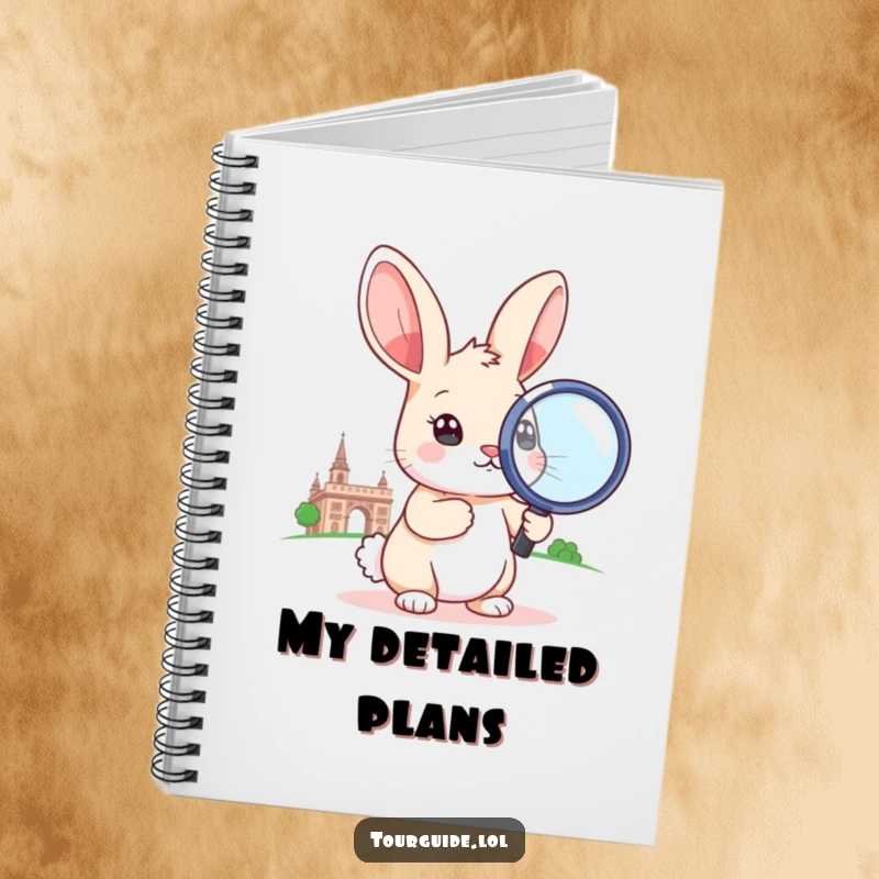 A funny rabbit holding a large magnifying glass to a landmark on the cover of a notebook.