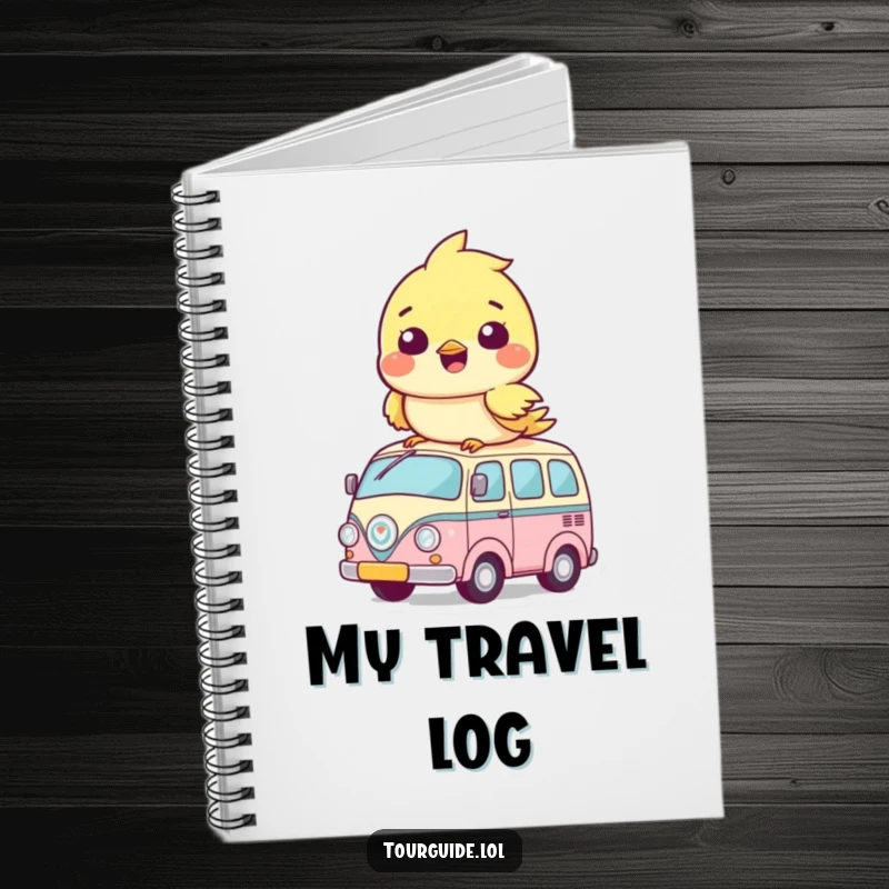 Funny Notebooks: A happy bird cub is humorously perched on its own small bus, ready to inspire your writing.