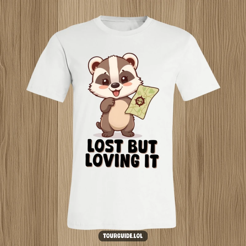A cute, happy badger cub pointing excitedly at a map on a funny t-shirt.