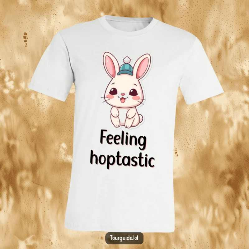 Funny Rabbit Hat T-Shirt: A cheerful rabbit character sporting a small hat offers a friendly and welcoming grin.