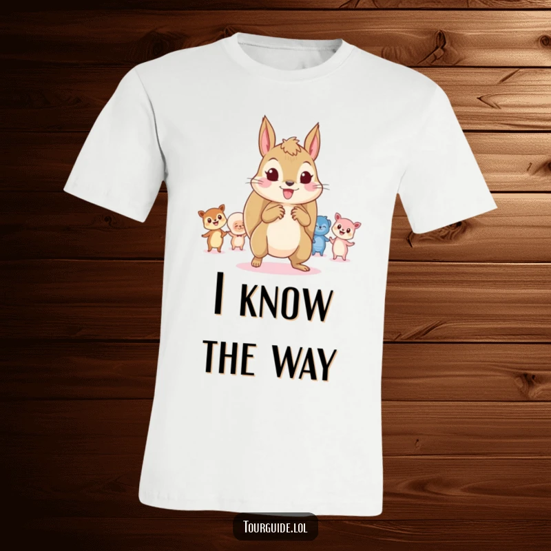 Funny Squirrel Leader T-Shirt: A playful squirrel guides tiny, curious onlookers, embodying the spirit of fun leadership.