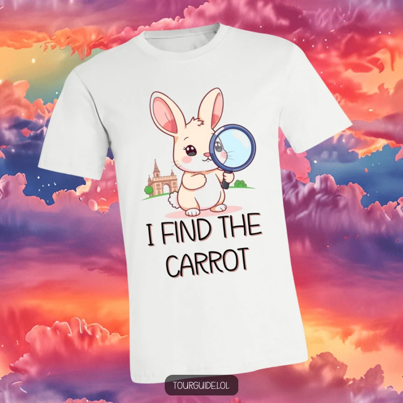 A small rabbit holding a large magnifying glass to a landmark on a funny detective t-shirt.