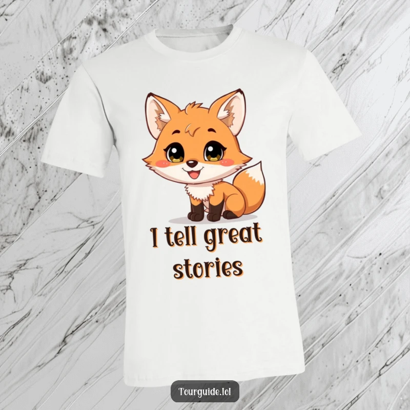 A charming, smiling fox cub narrating a scene with animation on a funny t-shirt.
