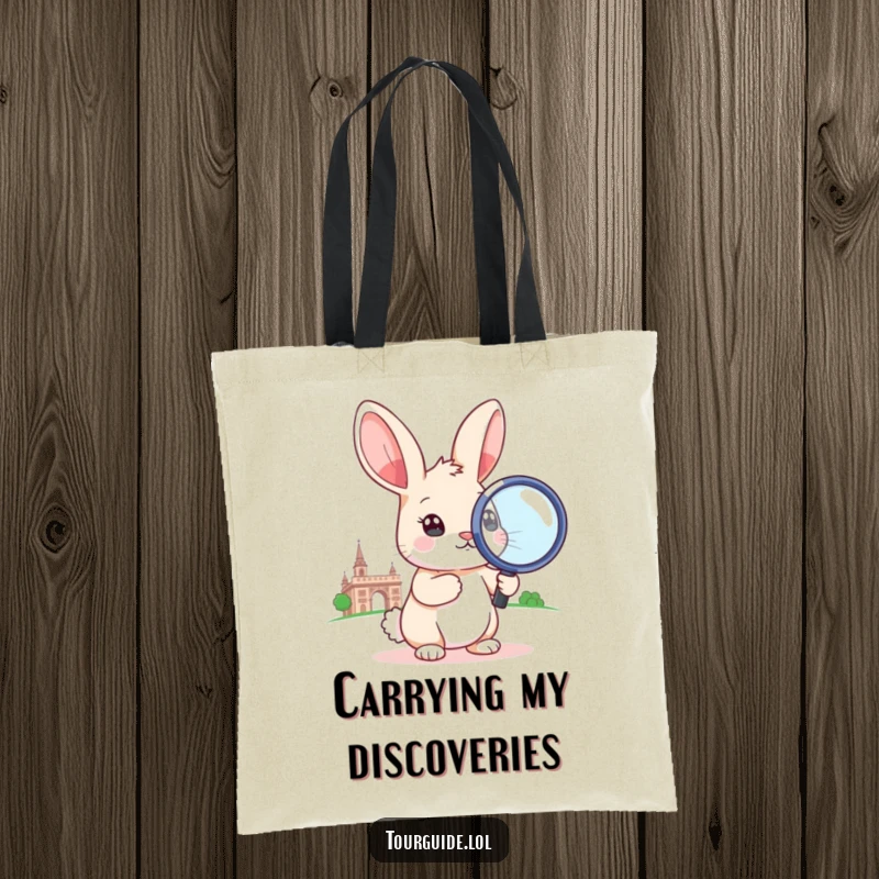 A little rabbit holding a large magnifying glass to inspect a landmark, on a funny tote bag.