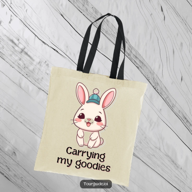 Funny Rabbit Hat Tote Bag: A cheerful rabbit character wearing a hat gives a welcoming grin, perfect for daily use.