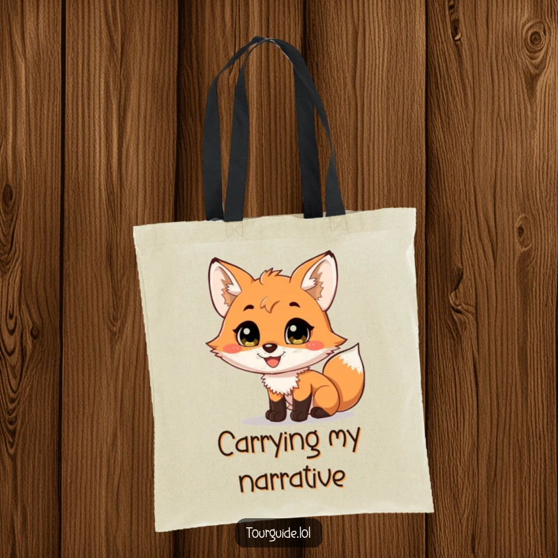 A charming fox cub with a wide smile, narrating a scene, featured on a durable and funny tote bag.