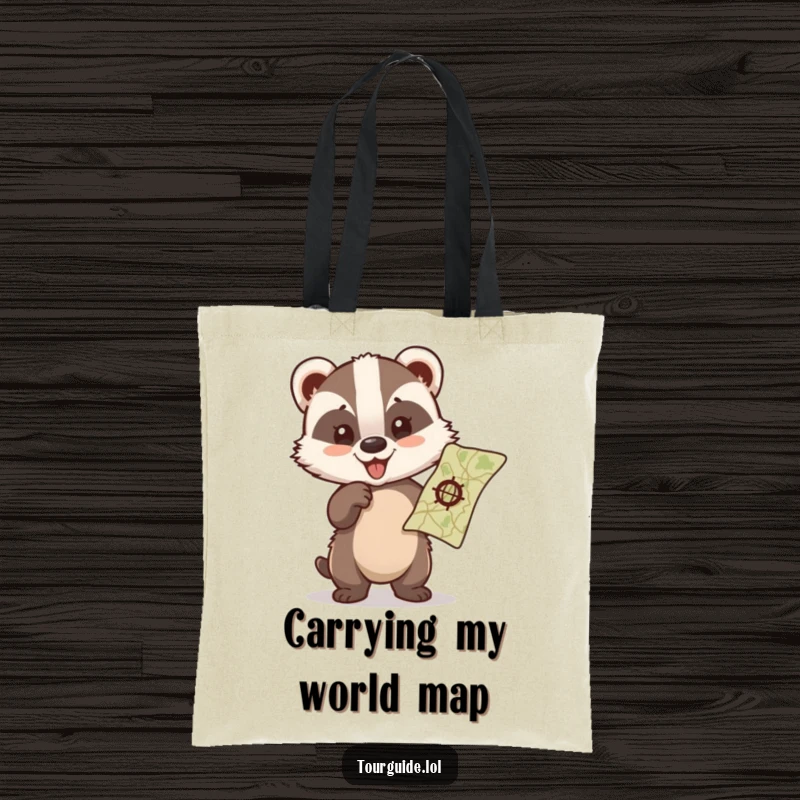 A cute badger cub joyfully pointing at a map, featured on a durable and funny tote bag.
