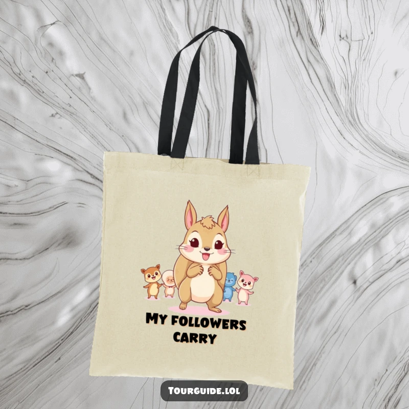 Funny Squirrel Leader Tote Bag: A playful squirrel leads tiny, curious onlookers, showcasing fun leadership.